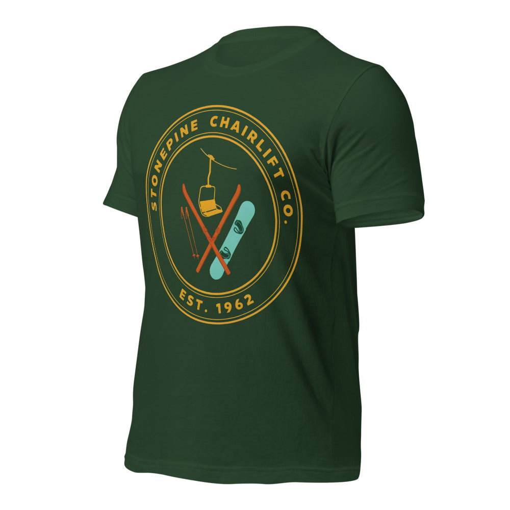 Stonepine Chairlift Co. retro vintage ski club badge t-shirt — Forest, front-right