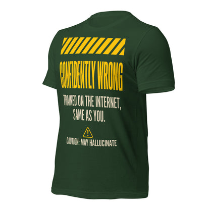 Confidently Wrong AI hazard-label unisex t-shirt — Forest, front-right