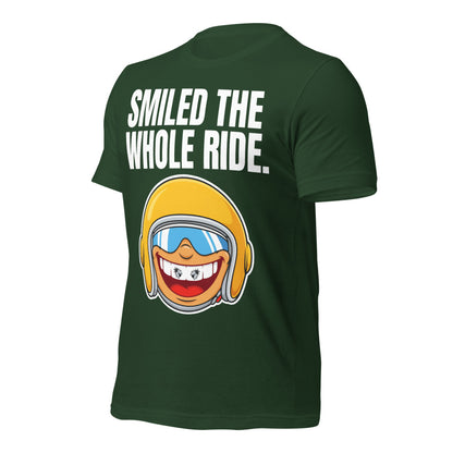 Smiled The Whole Ride funny motorcycle tee — Forest, front-right