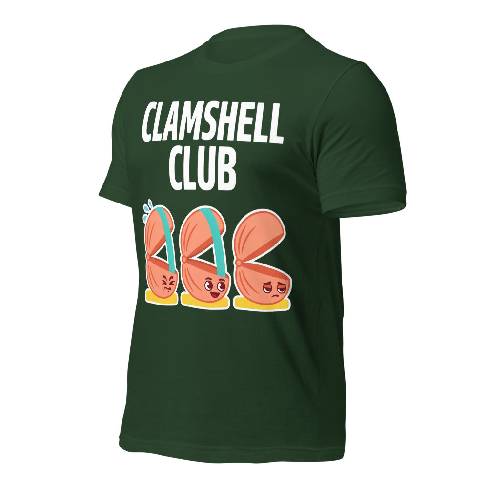 Clamshell Club funny physical therapy tee — Forest, front-right