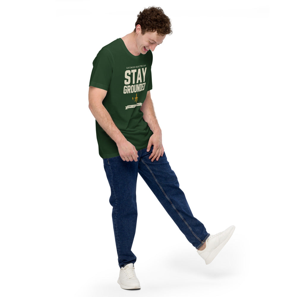Stay Grounded funny electrician tee — Forest, on model