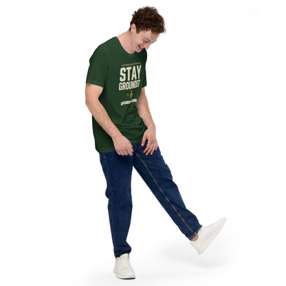 Stay Grounded funny electrician tee — Forest, on model