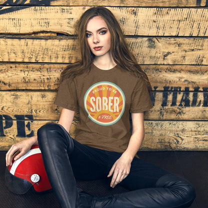 Sober & Proud retro sunburst tee — Heather Brown, on model
