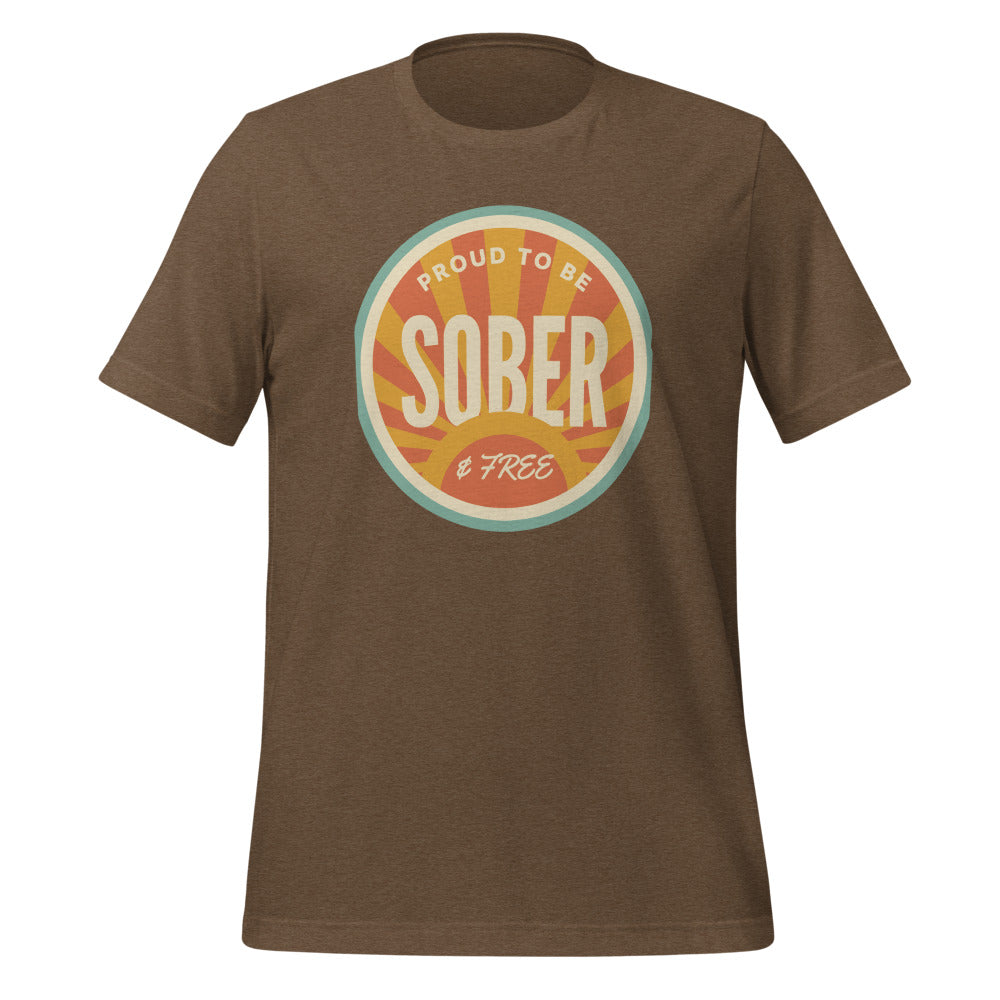 Sober & Proud retro sunburst tee — Heather Brown, front