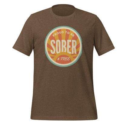 Sober & Proud retro sunburst tee — Heather Brown, front