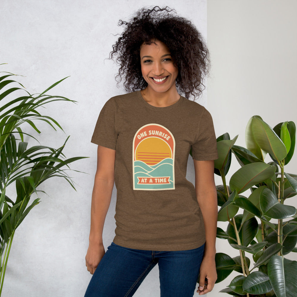 One Sunrise at a Time retro sunrise tee — Heather Brown, on model
