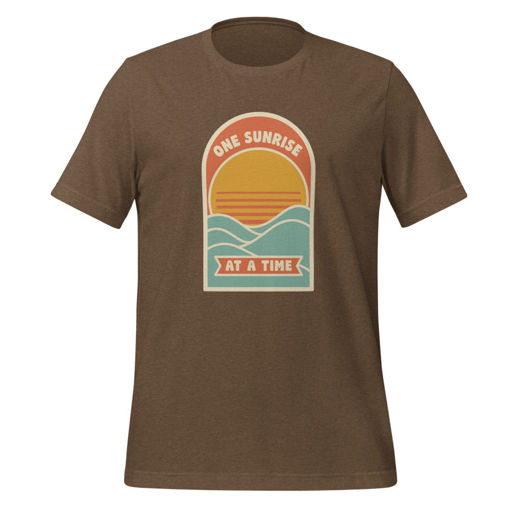 One Sunrise at a Time retro sunrise tee — Heather Brown, front