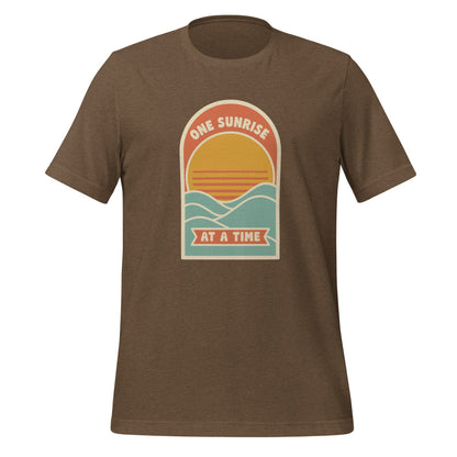 One Sunrise at a Time retro sunrise tee — Heather Brown, front