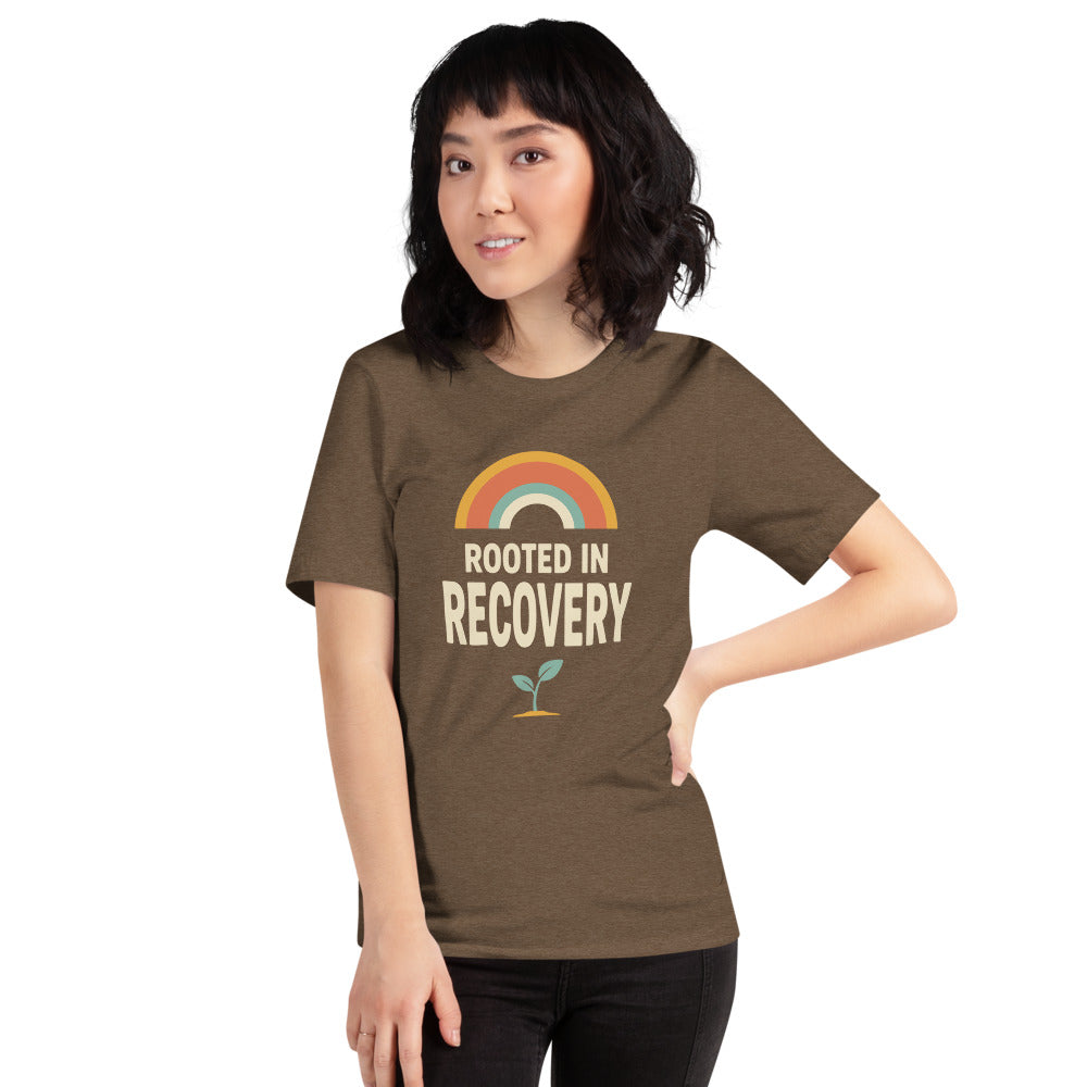 Rooted in Recovery retro rainbow tee — Heather Brown, on model