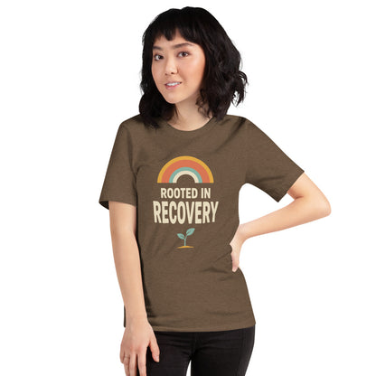 Rooted in Recovery retro rainbow tee — Heather Brown, on model