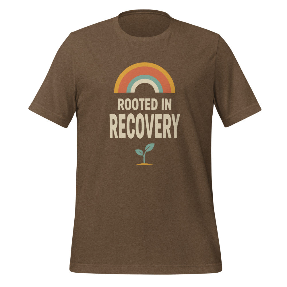 Rooted in Recovery retro rainbow tee — Heather Brown, front