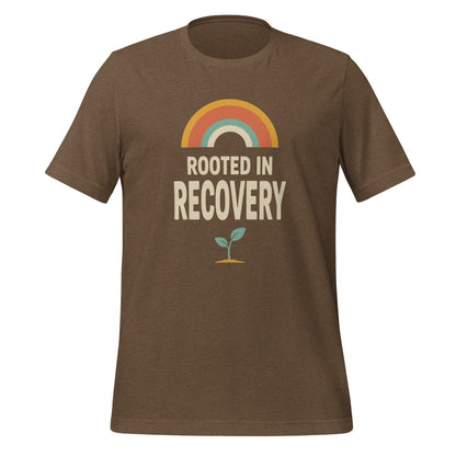 Rooted in Recovery retro rainbow tee — Heather Brown, front