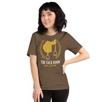 The Tack Room engraved equestrian saddle crest t-shirt — Heather Brown, on model