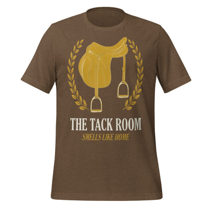 The Tack Room engraved equestrian saddle crest t-shirt — Heather Brown, front