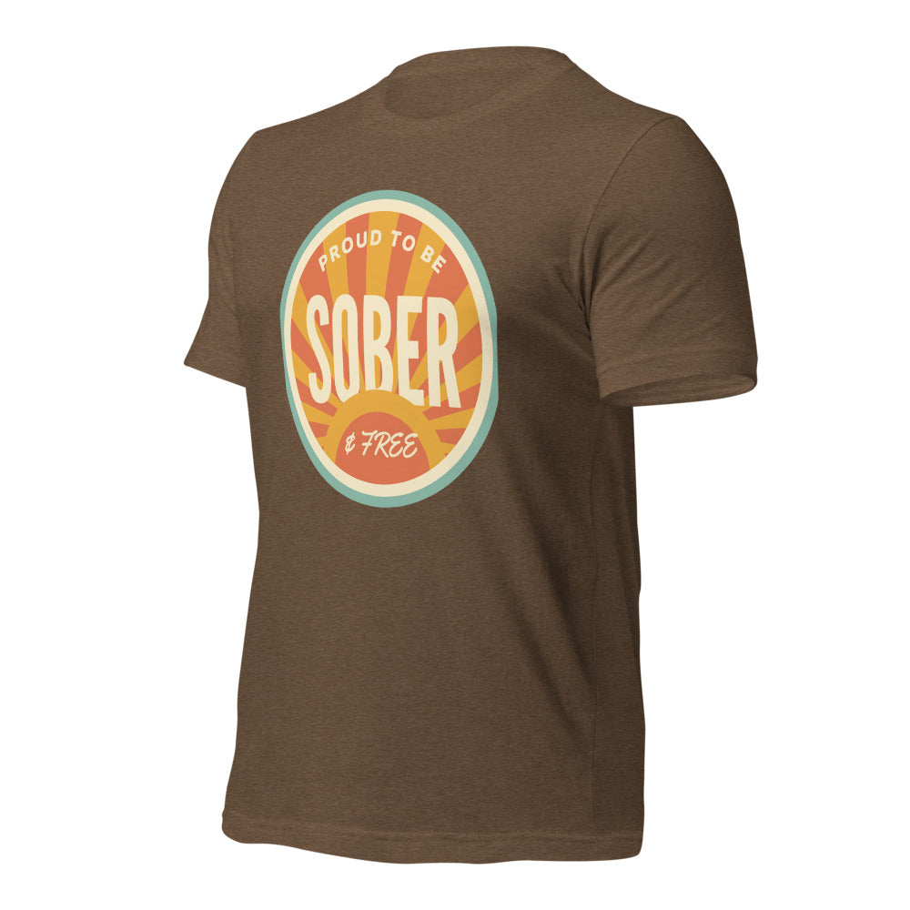 Sober & Proud retro sunburst tee — Heather Brown, front-right
