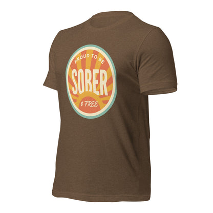 Sober & Proud retro sunburst tee — Heather Brown, front-right