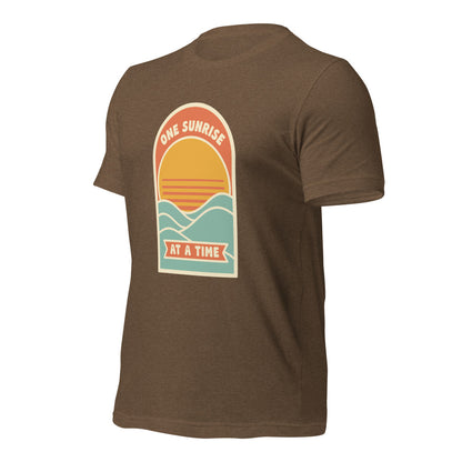 One Sunrise at a Time retro sunrise tee — Heather Brown, front-right