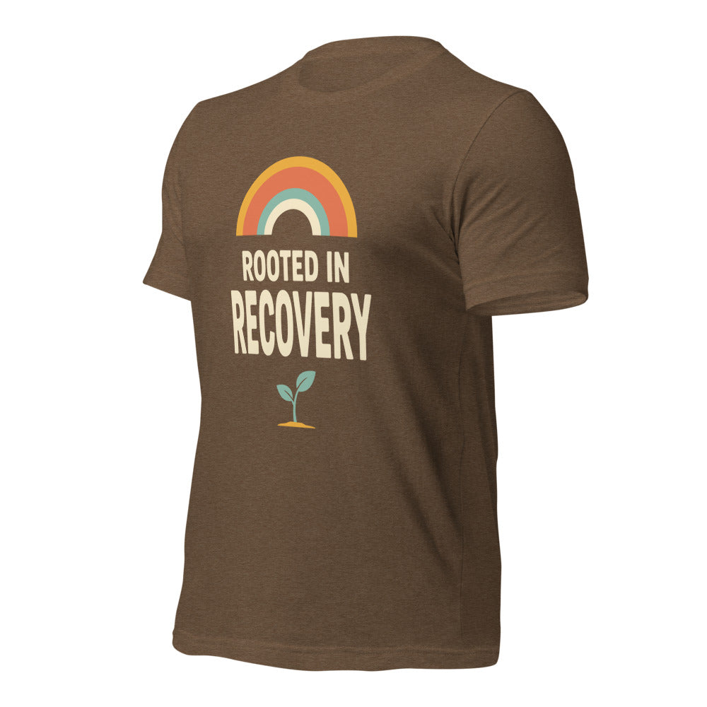 Rooted in Recovery retro rainbow tee — Heather Brown, front-right