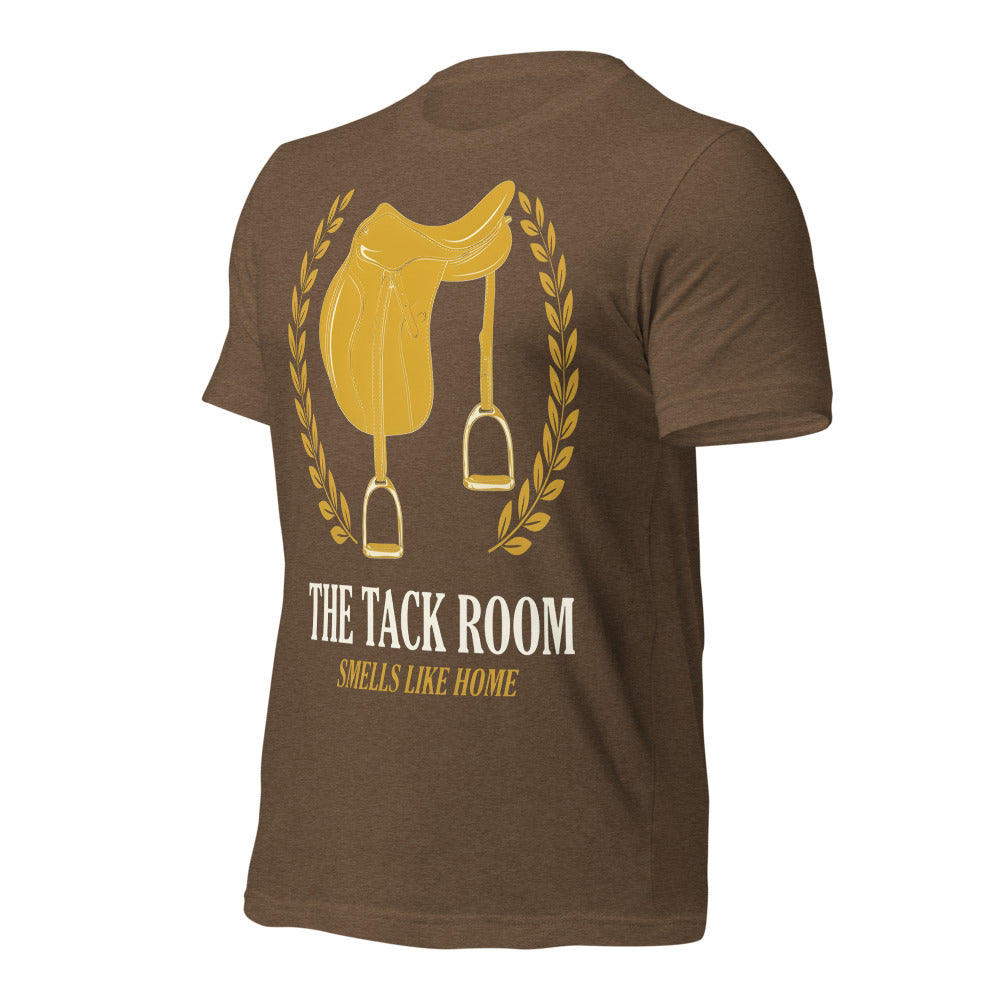 The Tack Room engraved equestrian saddle crest t-shirt — Heather Brown, front-right