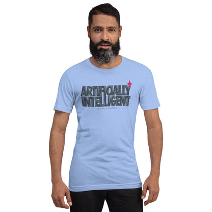 Artificially Intelligent funny AI t-shirt — Heather Carolina Blue, on model