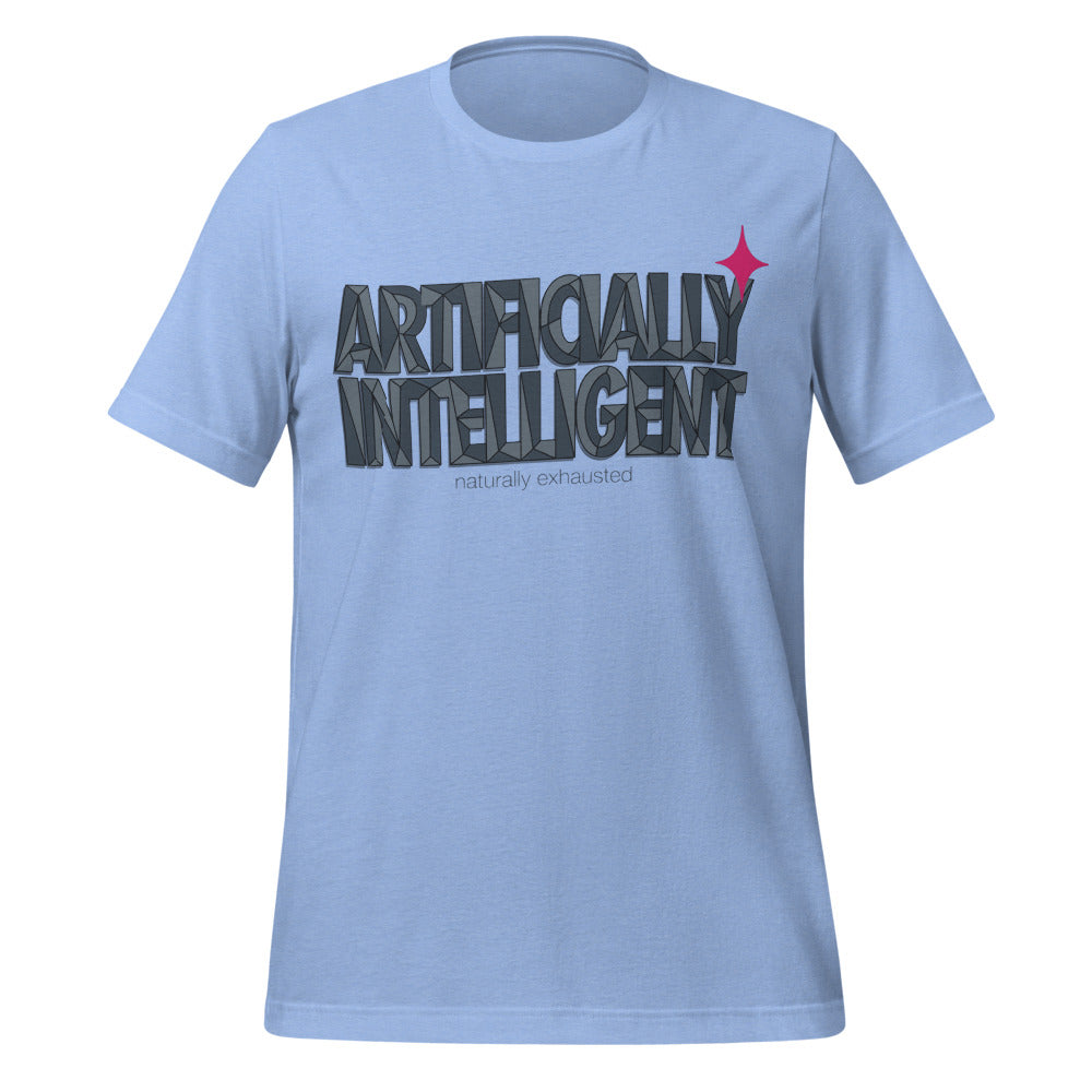 Artificially Intelligent funny AI t-shirt — Heather Carolina Blue, front