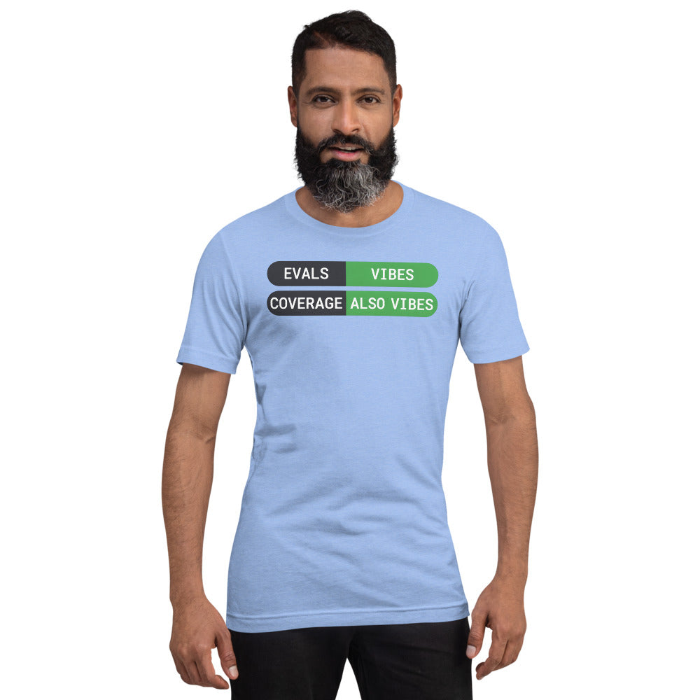 Eval Suite Vibes agentic AI engineer tee — Heather Carolina Blue, on model