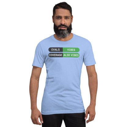 Eval Suite Vibes agentic AI engineer tee — Heather Carolina Blue, on model