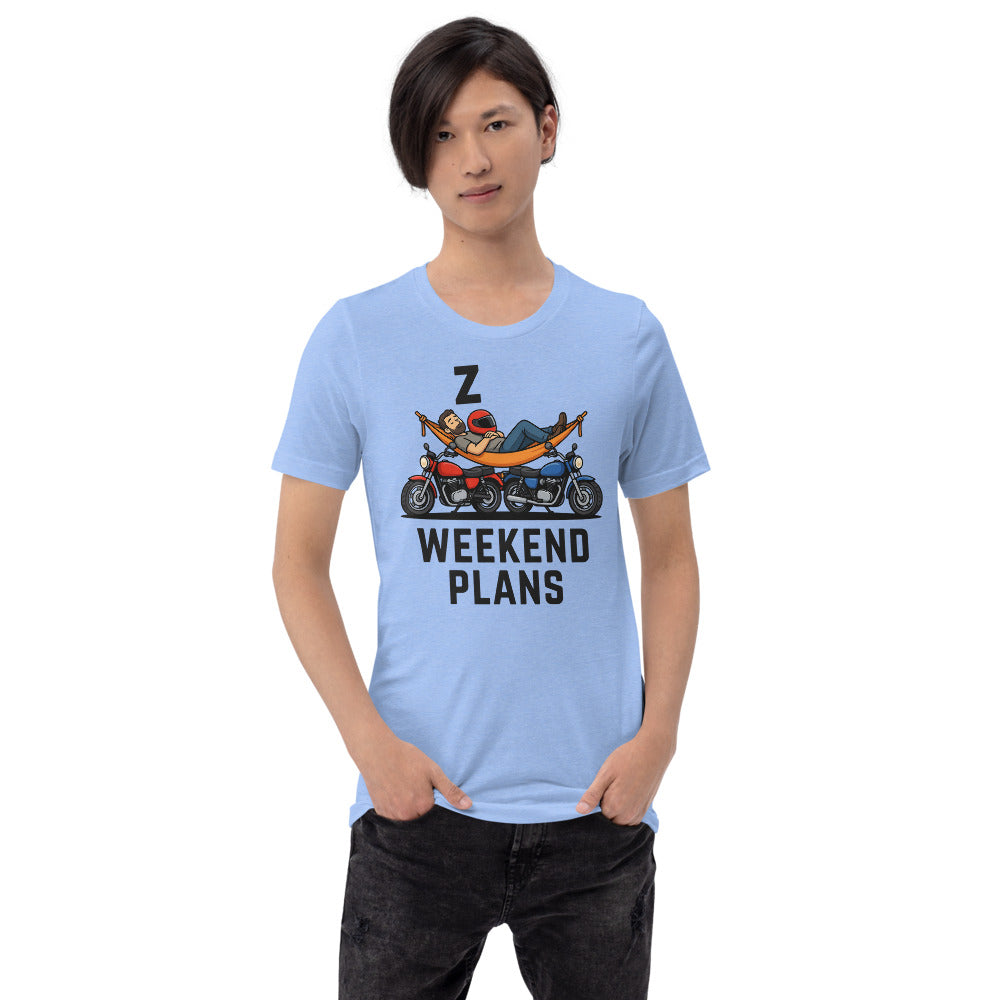 Weekend Plans funny motorcycle dad tee — Heather Carolina Blue, on model