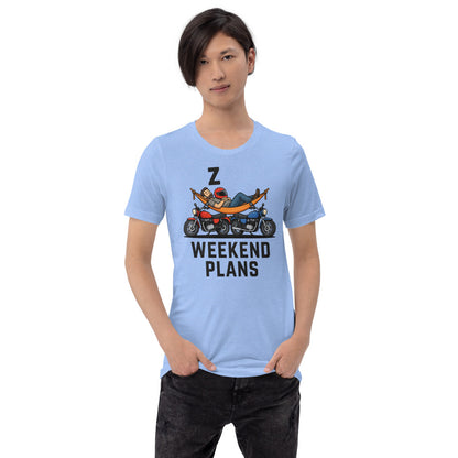 Weekend Plans funny motorcycle dad tee — Heather Carolina Blue, on model