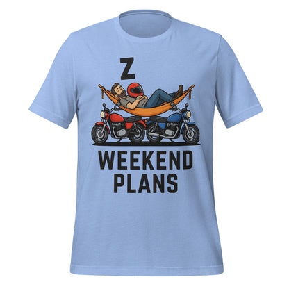 Weekend Plans funny motorcycle dad tee — Heather Carolina Blue, front