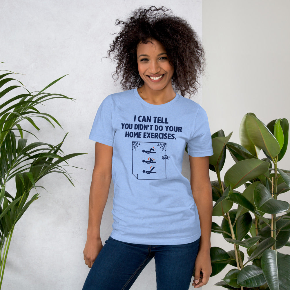 Home Exercises funny physical therapy tee — Heather Carolina Blue, on model