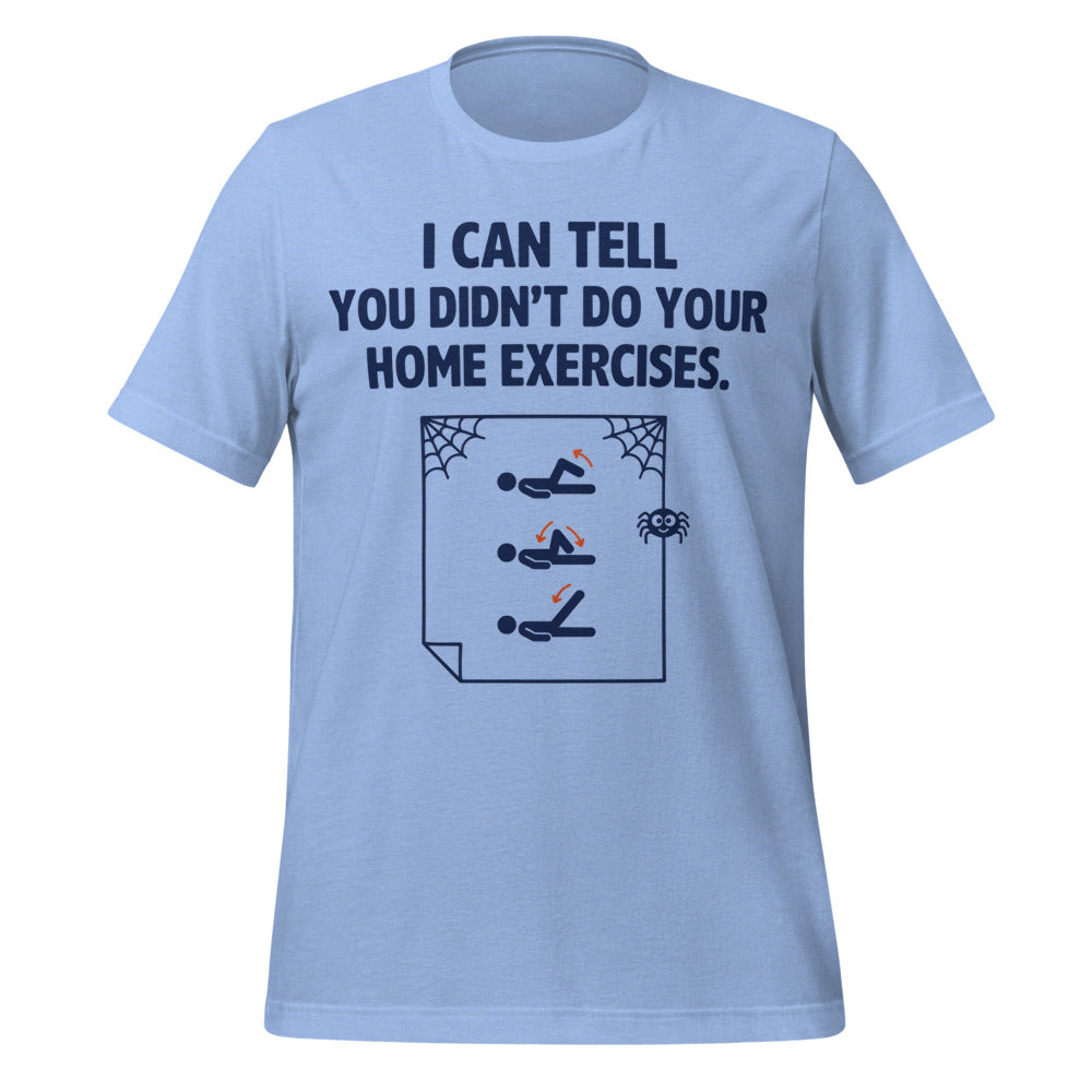 Home Exercises funny physical therapy tee — Heather Carolina Blue, front