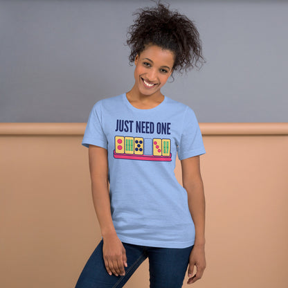 Just Need One funny mahjong tee — Heather Carolina Blue, on model