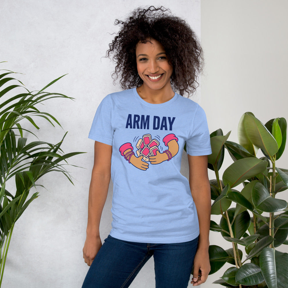 Arm Day funny mahjong tee — Heather Carolina Blue, on model