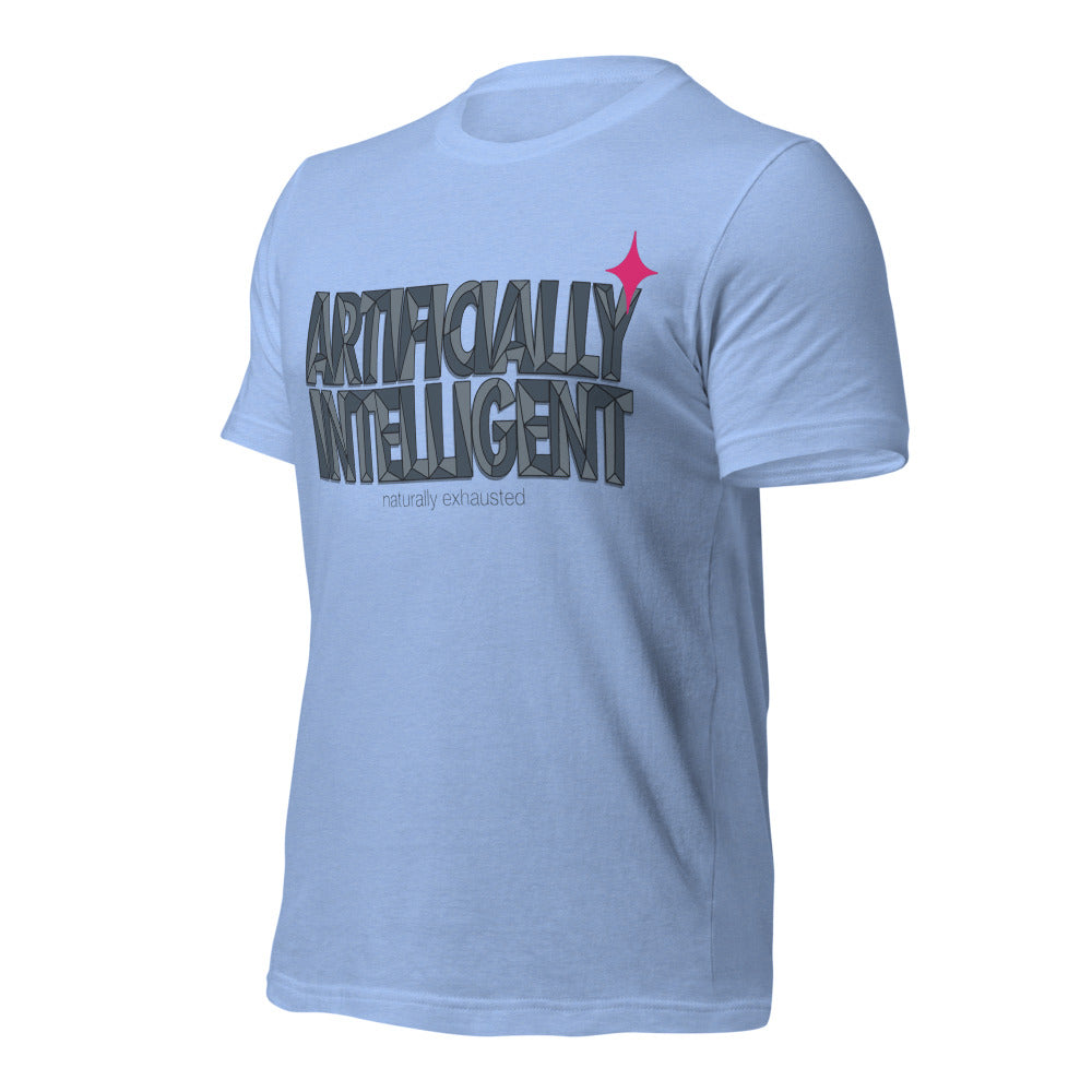 Artificially Intelligent funny AI t-shirt — Heather Carolina Blue, front-right