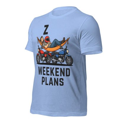 Weekend Plans funny motorcycle dad tee — Heather Carolina Blue, front-right