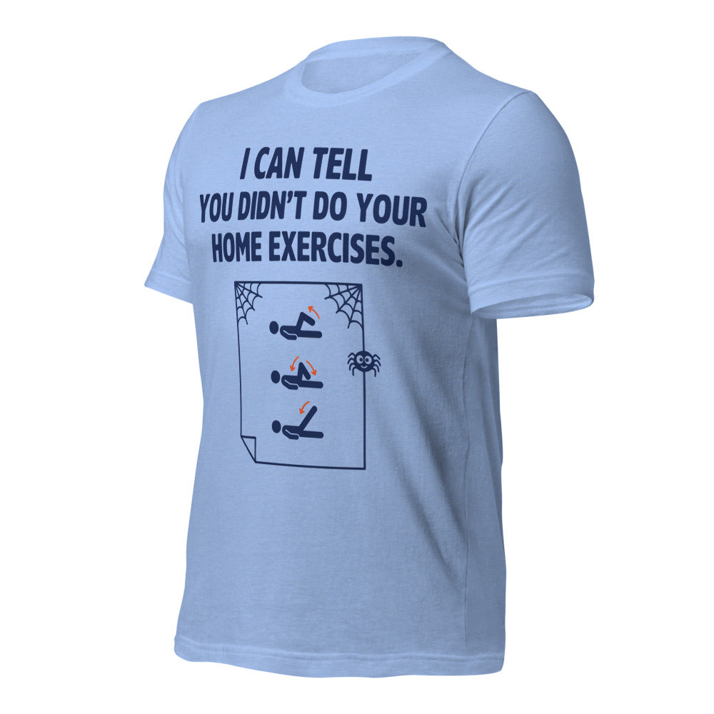 Home Exercises funny physical therapy tee — Heather Carolina Blue, front-right