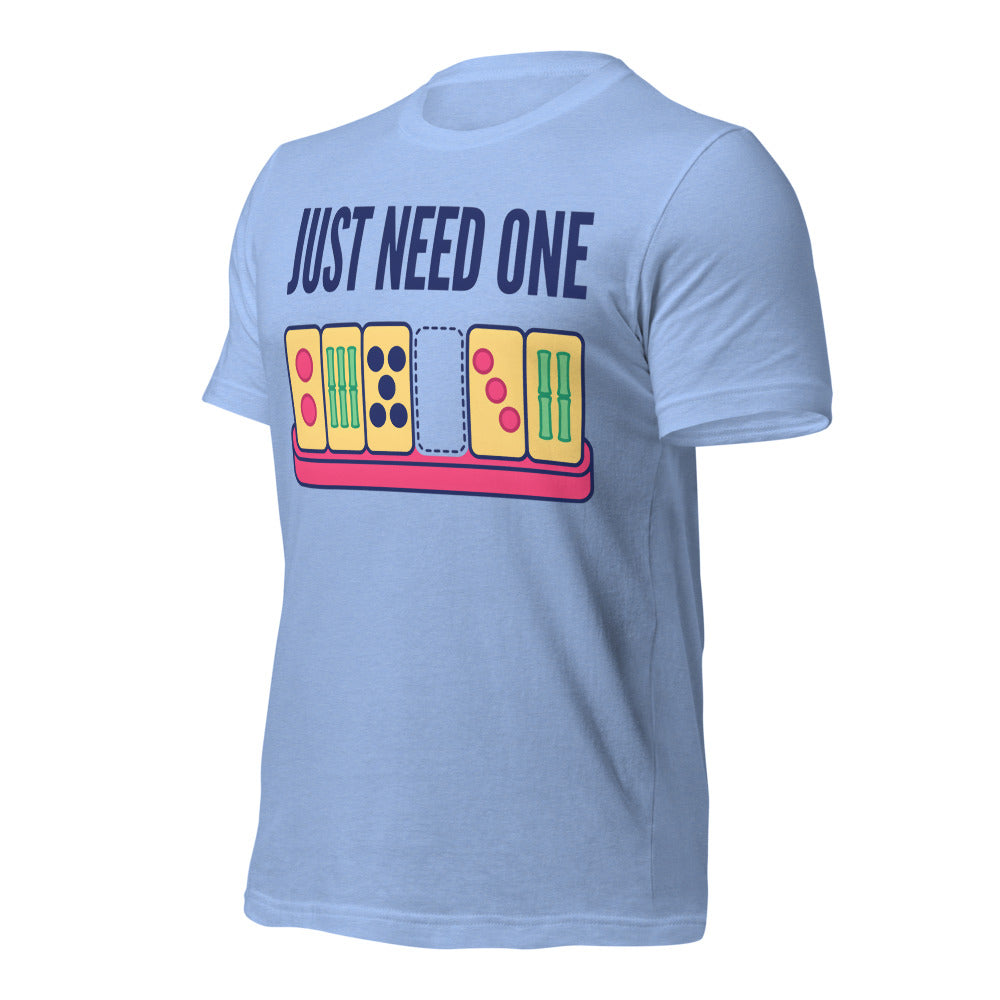 Just Need One funny mahjong tee — Heather Carolina Blue, front-right