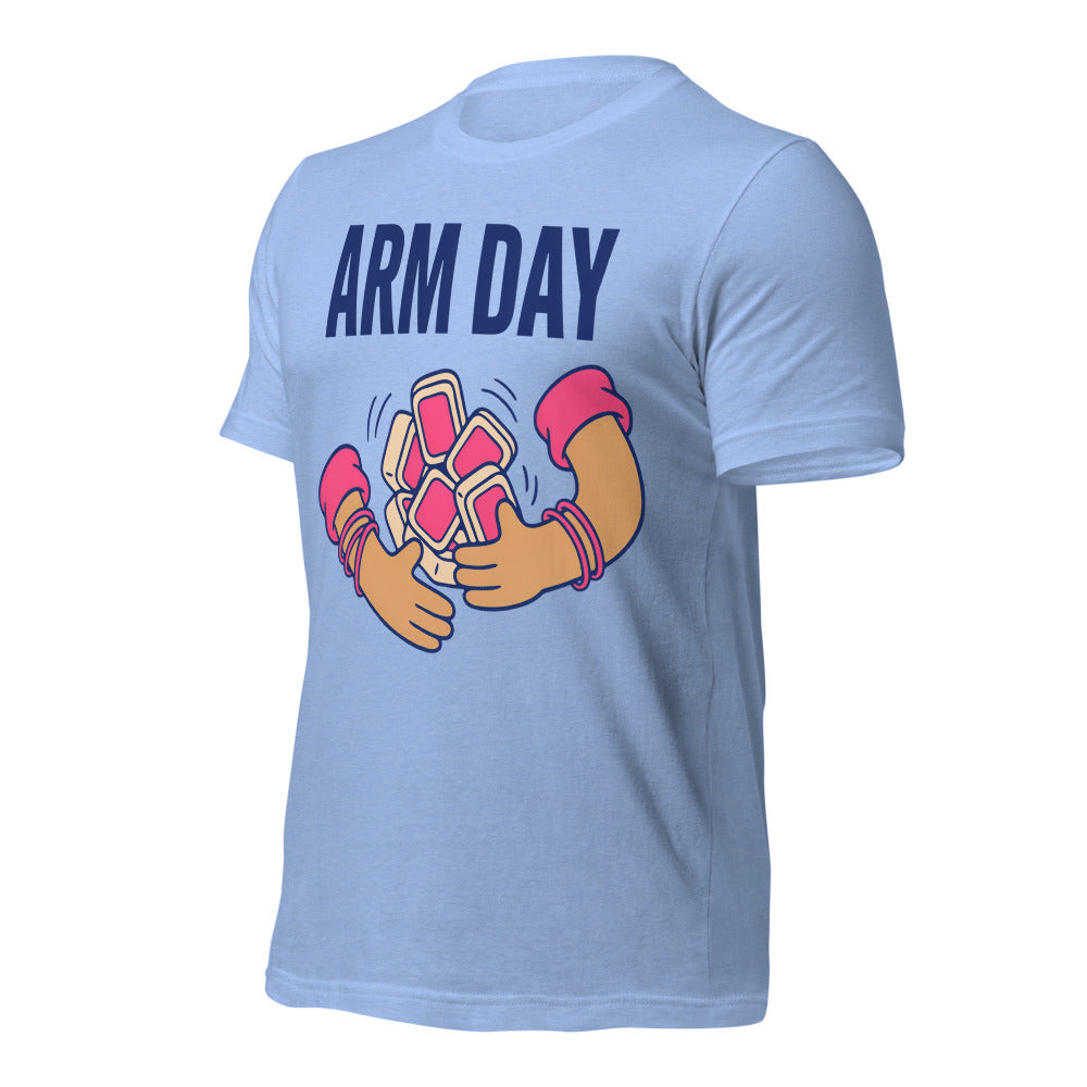 Arm Day funny mahjong tee — Heather Carolina Blue, front-right