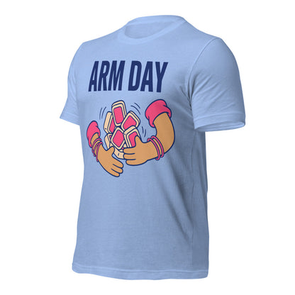 Arm Day funny mahjong tee — Heather Carolina Blue, front-right