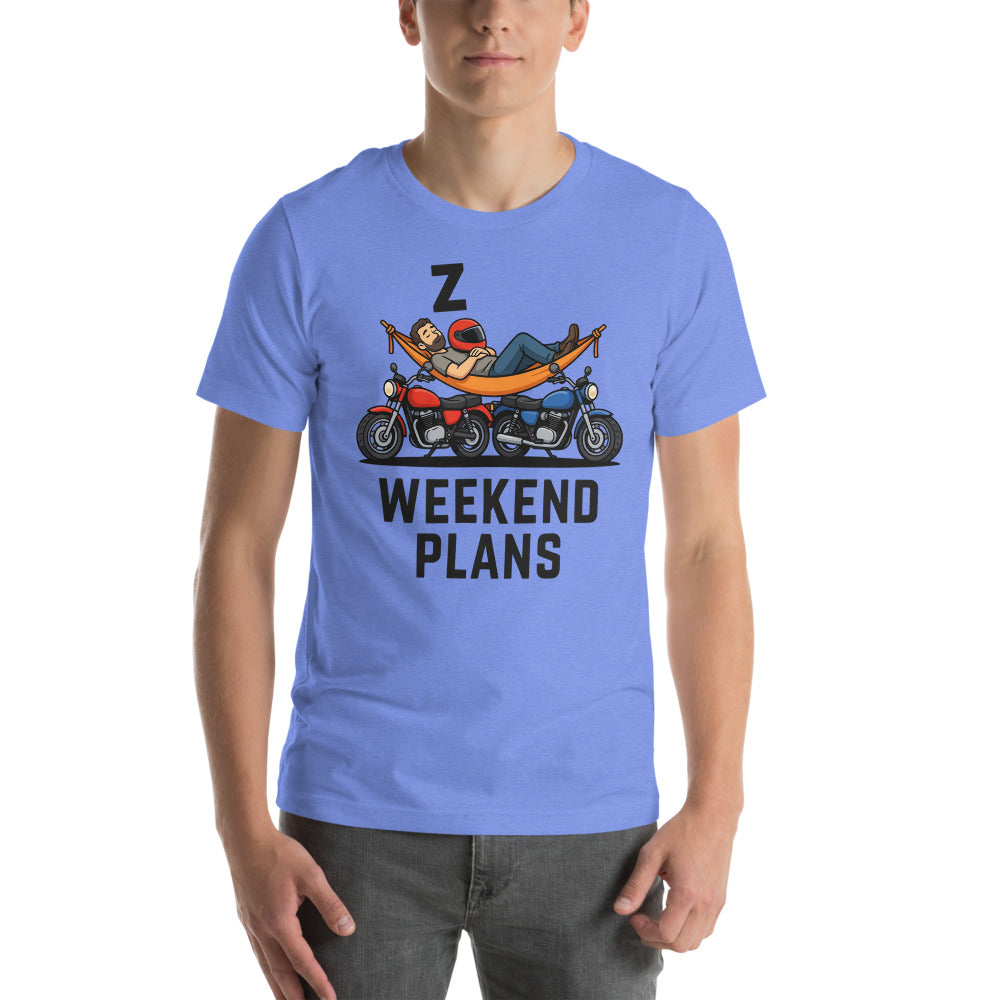 Weekend Plans funny motorcycle dad tee — Heather Columbia Blue, on model