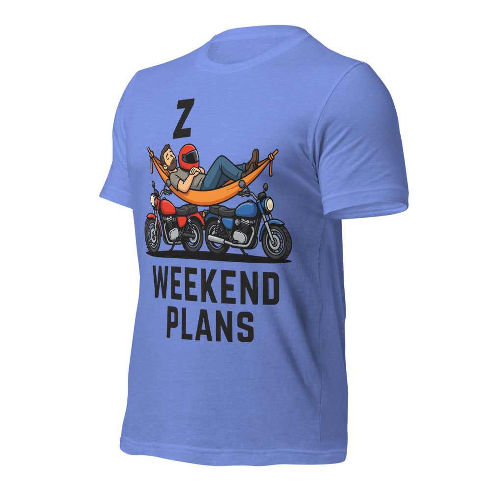 Weekend Plans funny motorcycle dad tee — Heather Columbia Blue, front-right