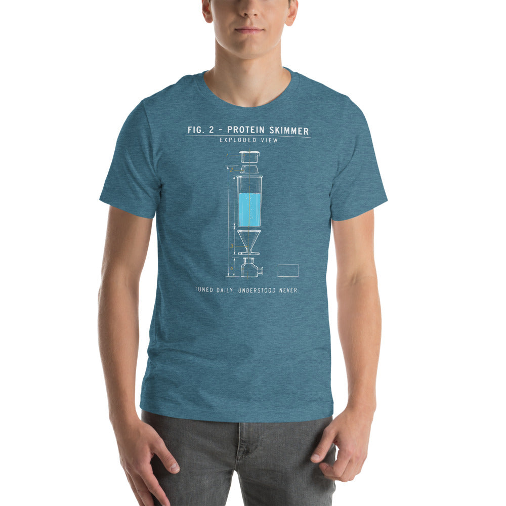 Protein Skimmer Exploded View reef tank saltwater aquarium t-shirt — Heather Deep Teal, on model