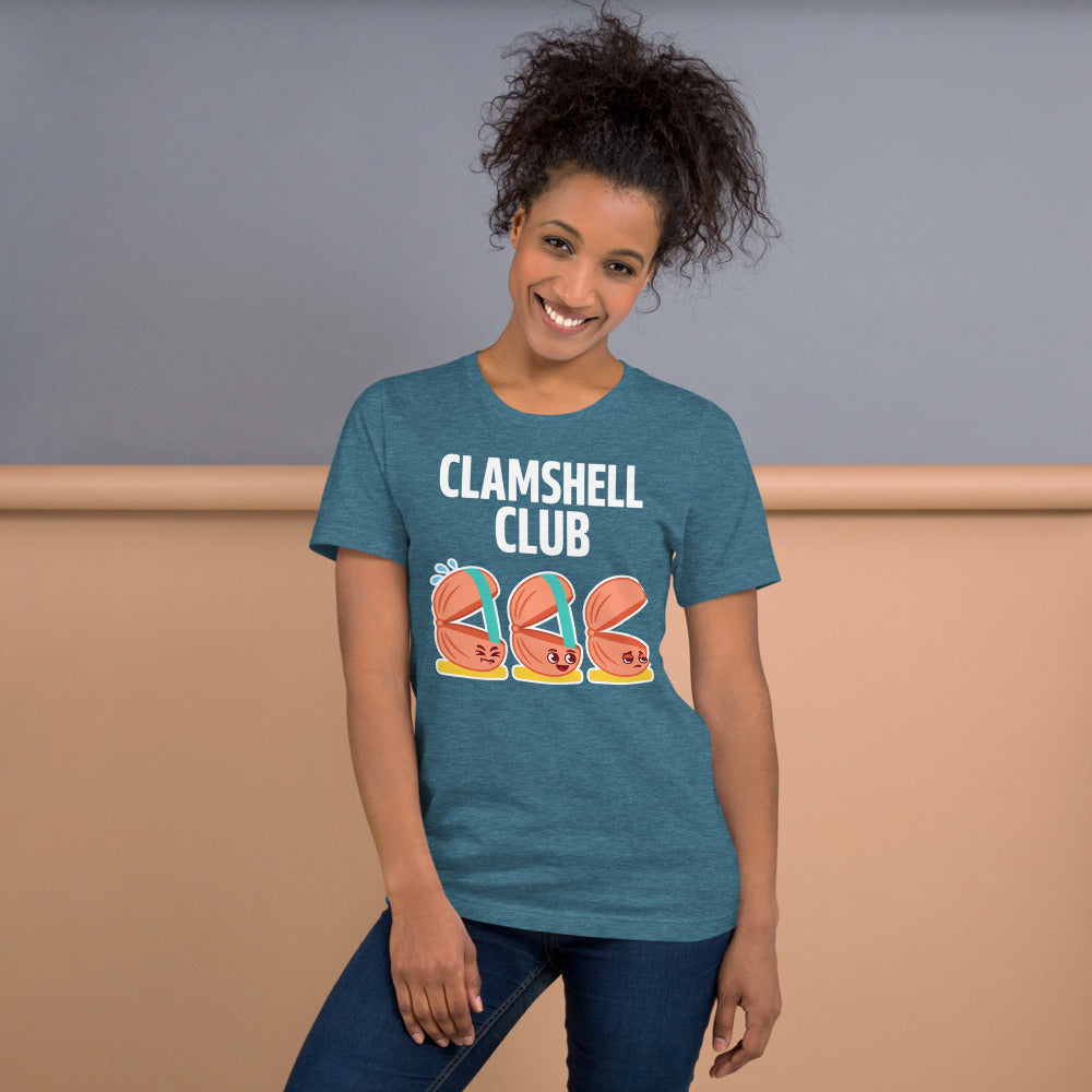 Clamshell Club funny physical therapy tee — Heather Deep Teal, on model
