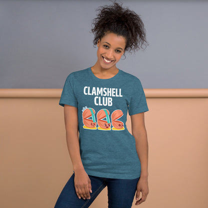 Clamshell Club funny physical therapy tee — Heather Deep Teal, on model