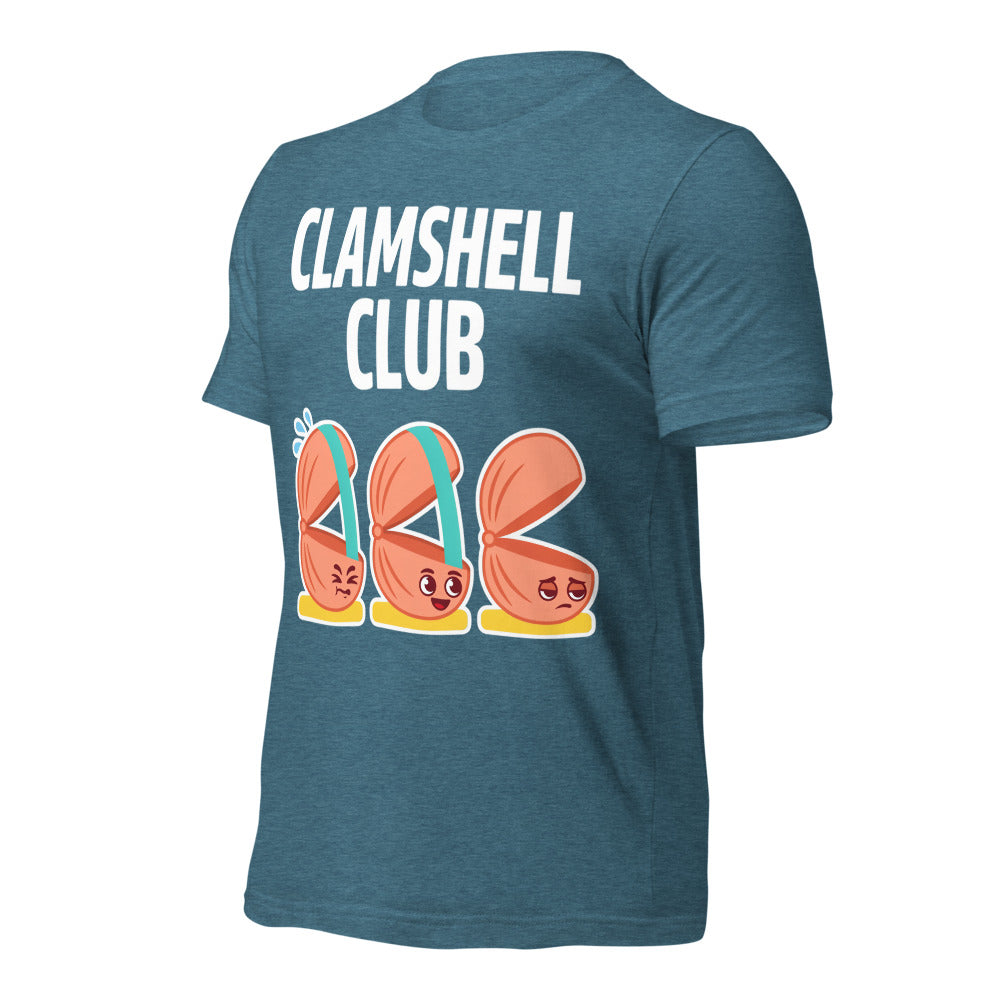 Clamshell Club funny physical therapy tee — Heather Deep Teal, front-right