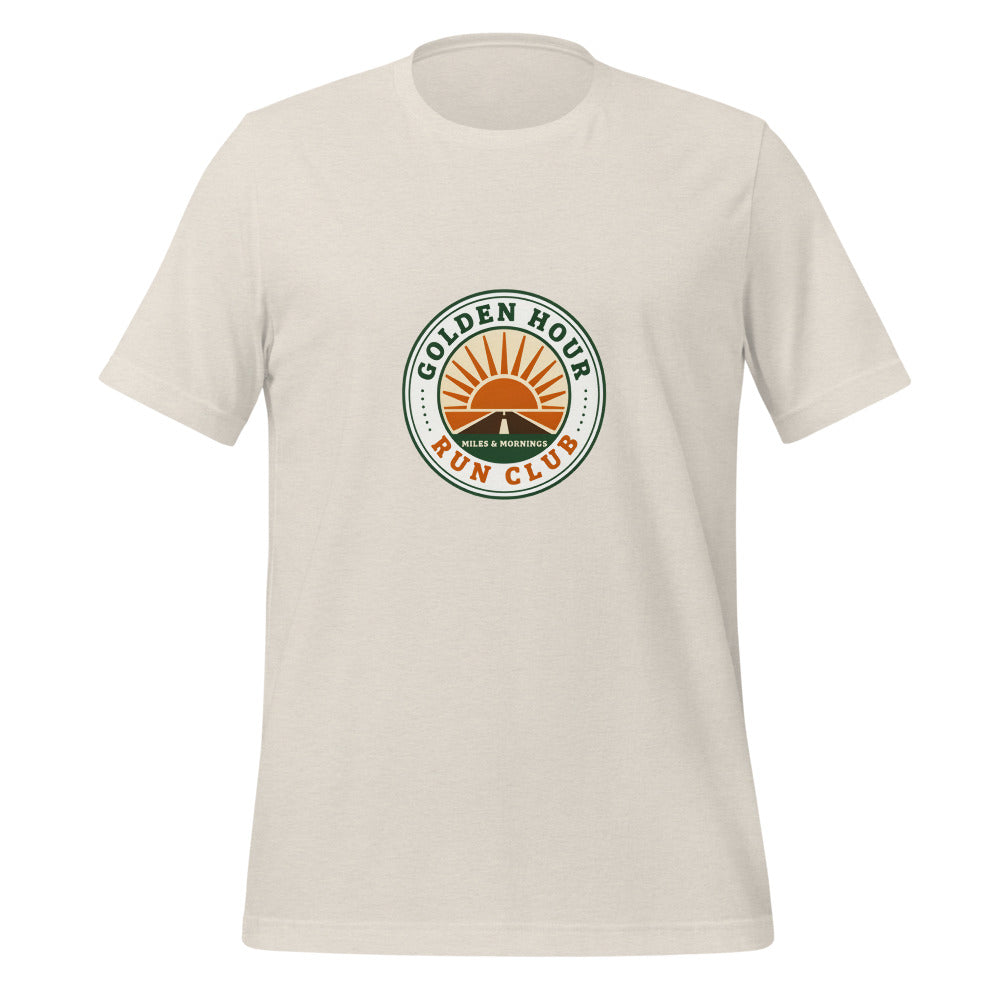 Golden Hour Run Club retro running tee — Heather Dust, front