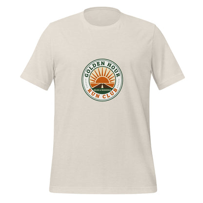 Golden Hour Run Club retro running tee — Heather Dust, front