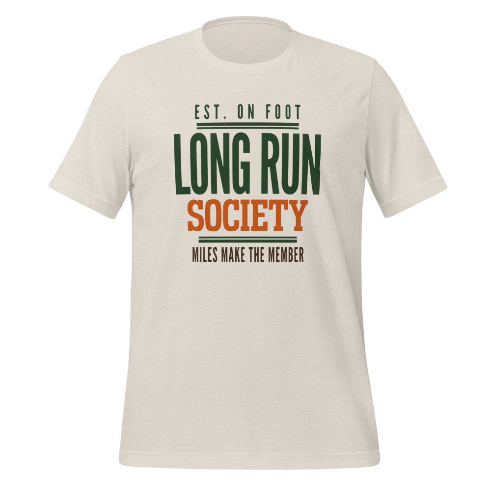 Long Run Society retro running tee — Heather Dust, front