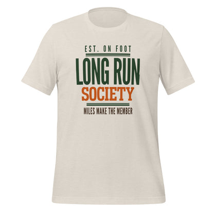 Long Run Society retro running tee — Heather Dust, front